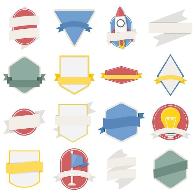 Free vector mixed set of light bulb spaceship flag badges emblem label icon illustration