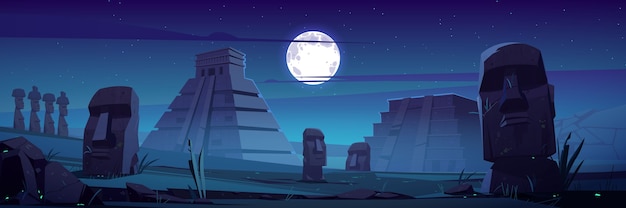 밤에 모아이 동상과 피라미드, 칠레 공화국은 보름달 아래 유명한 랜드 마크 돌 머리를 여행합니다.