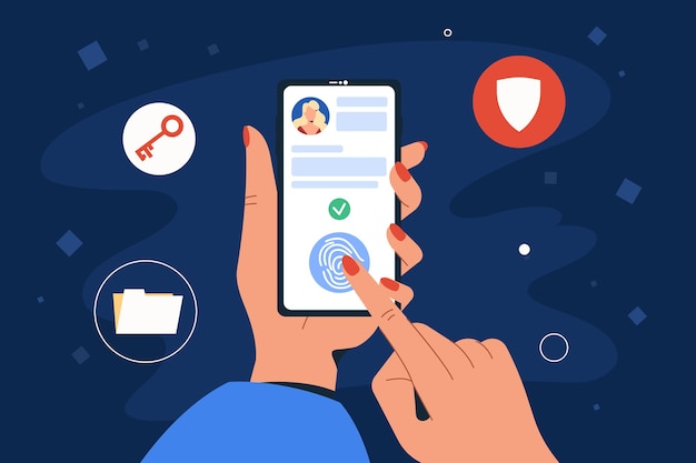 Vettore gratuito controllo degli accessi mobili tramite impronta digitale per l'identificazione. tocco dell'indice umano sullo schermo dello smartphone per la scansione. concetto di sicurezza online. protezione dei dati personali con la tecnologia biometrica.