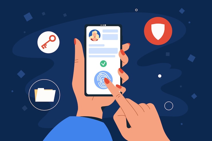 Free Vector mobile access control by fingerprint for identification. human forefinger touch on screen of smartphone to scanning. online security concept. personal data protection with biometric technology.