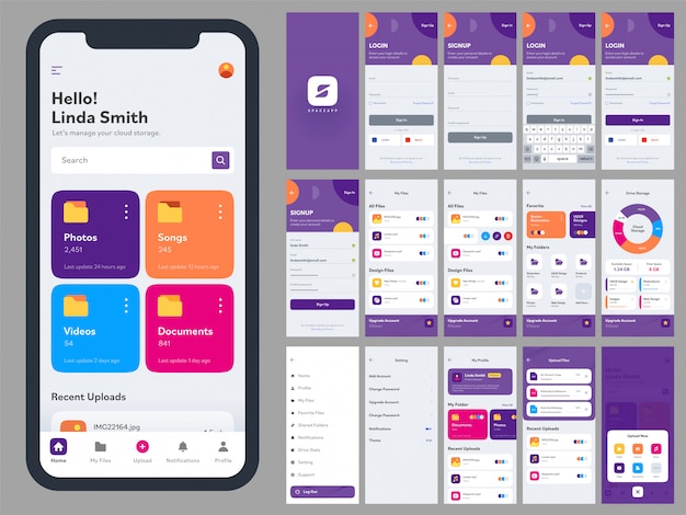 Mobile app ui kit with different gui layout including log in, create account, sign up, social media and notification screens.