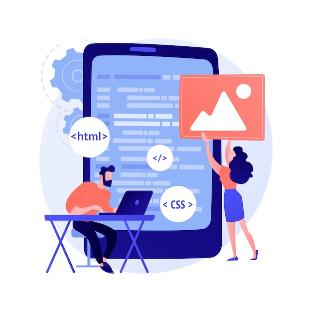 無料ベクター モバイルアプリケーションの開発。プログラミング言語。 css、html、it、ui。男性プログラマーの漫画のキャラクターの開発ウェブサイト、コーディング。