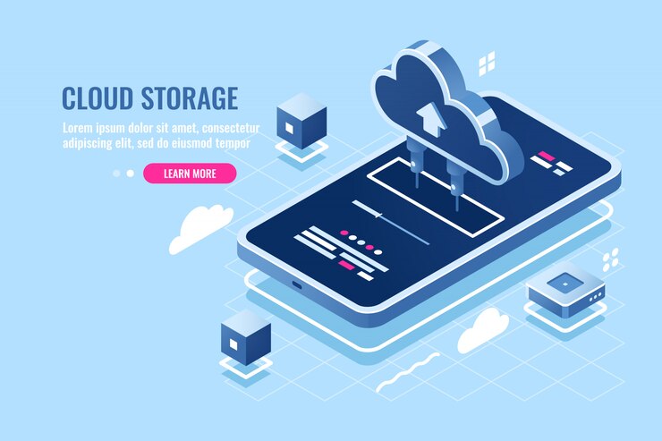 Free Vector mobile application isometric icon, download file on smartphone from cloud server storage