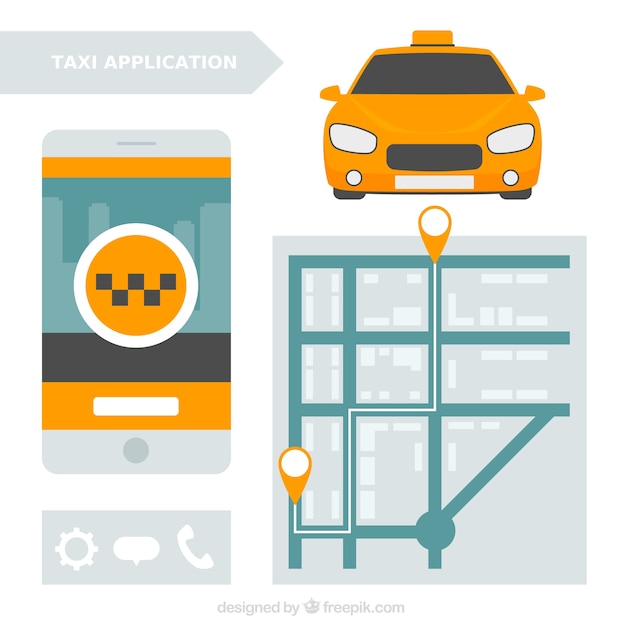 무료 벡터 택시 서비스를위한지도가있는 모바일 애플리케이션