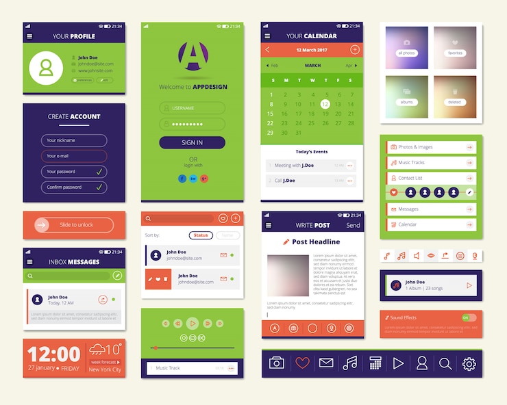 Free Vector mobile apps screen elements set with dashboard music player weather widget