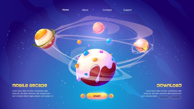 Mobile arcade food planets adventure game cartoon landing page