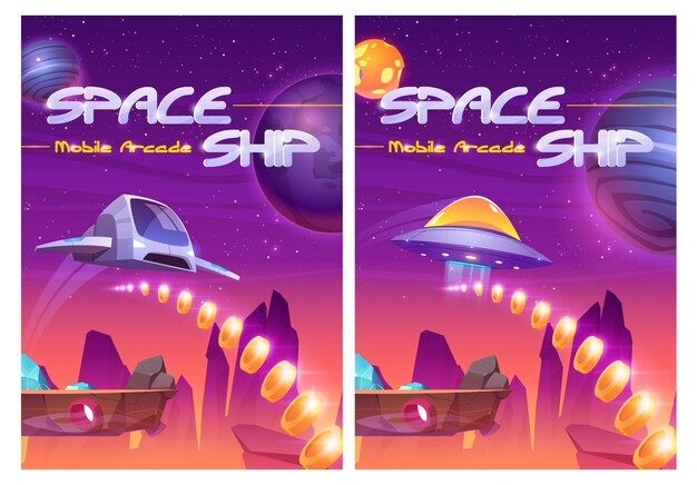 Poster arcade mobile impostato con nave spaziale nel pianeta alieno con rocce volanti e risorse