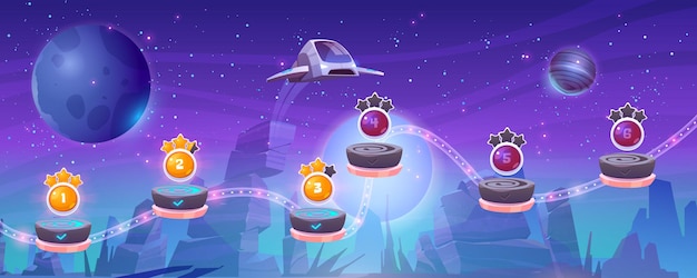 Mobile arcade with spaceship interstellar shuttle hover above alien planet with rocks and assets on flying rocky platforms