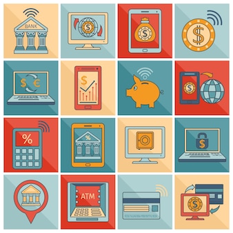 Mobile banking icons flat line