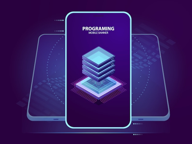 Banner mobile di sviluppo e programmazione di applicazione mobile, icona isometrica sala server, dati
