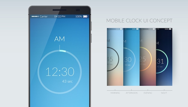Концепция дизайна пользовательского интерфейса интерфейса мобильных часов на светлой плоской иллюстрации