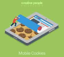 Vettore gratuito cookie mobile piatto concetto di tecnologia isometrica cookie sullo sfondo della finestra dell'interfaccia del browser tablet touch screen e utente.