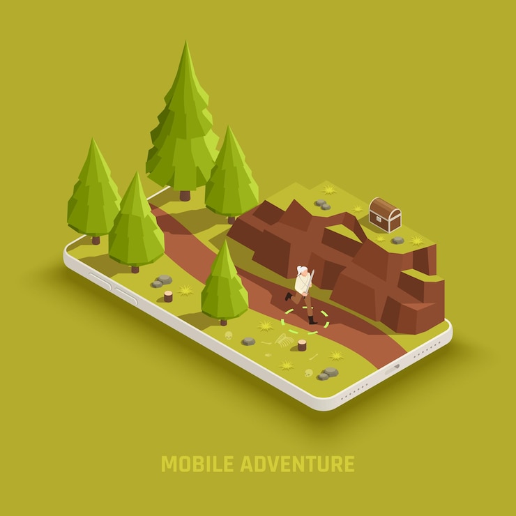 Free Vector mobile gaming isometric composition with adventure gameplay personage looking for treasure chest in outdoor location illustration