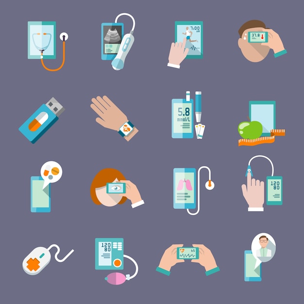 Mobile health online pharmacy computer diagnostics icons flat set isolated vector illustration