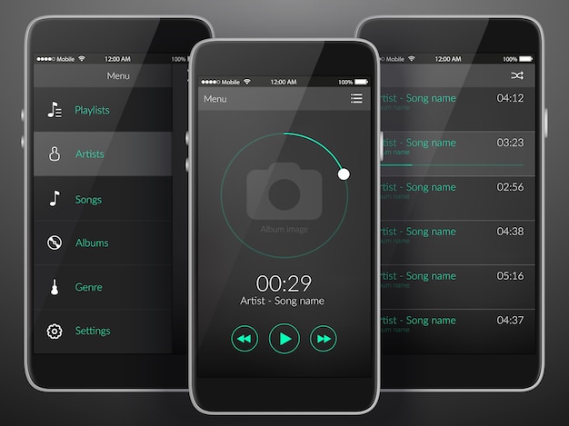 Mobile music application interface design concept in dark colors flat illustration