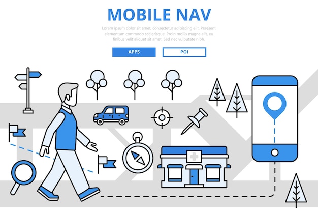 Mobile navigation GPS geoposition technology concept flat line art  icons.