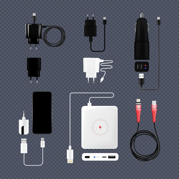 Free vector mobile phone smartphone charging set with isolated charging adapters for wall socket automobile and power bank vector illustration