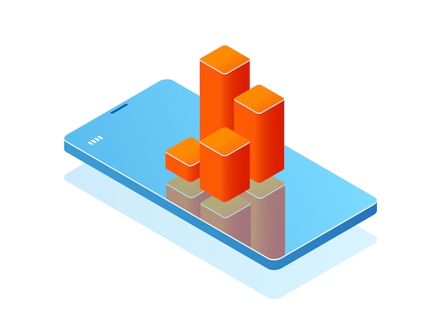 Mobile phone with bar chart on screen, analytics application, banner with smartphone 