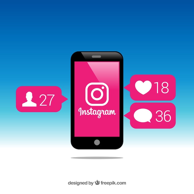 Mobile phone with instagram post template and notifications