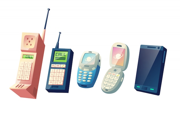 Free vector mobile phones evolution cartoon vector concept. cellphones generations from vintage models with physical numeric keypads and retractable antennas to modern smart devices with touchscreen illustration