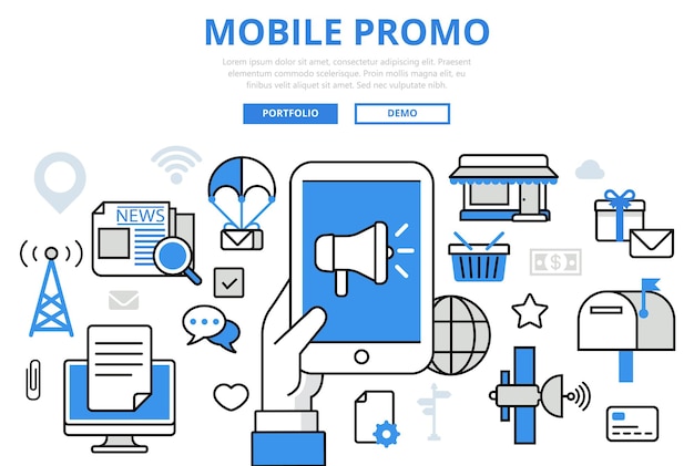 Mobile promo digital marketing promotion concept flat line art  icons.