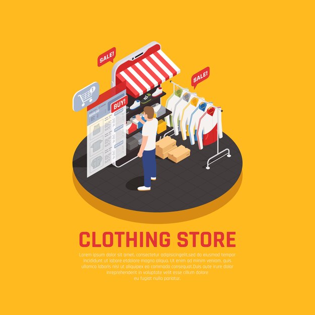 Mobile shopping concept with clothing store symbols isometric 