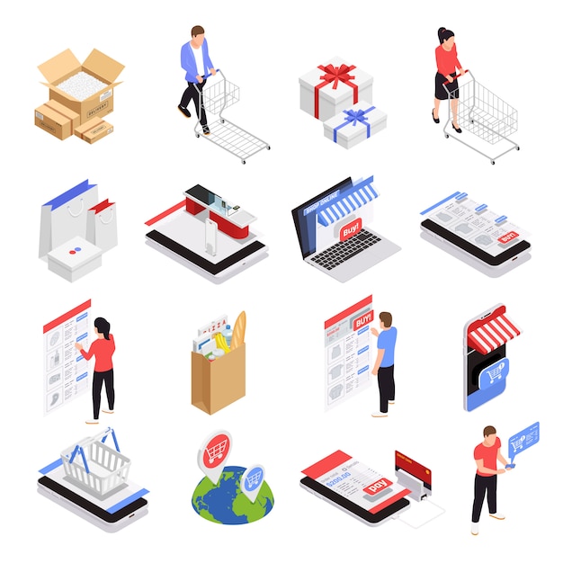 Mobile shopping icons set with ecommerce symbols isometric isolated