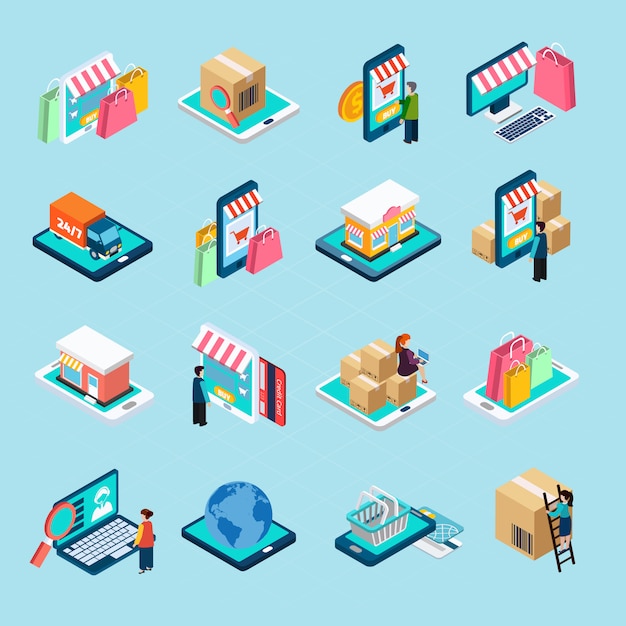 Mobile Shopping Isometric Icons Set