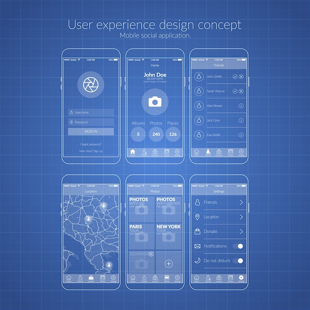 Vettore gratuito concetto di design dell'esperienza utente dell'applicazione sociale mobile nell'illustrazione piatta di colore blu