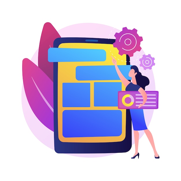 Vettore gratuito ottimizzazione del software mobile, interfaccia utente, sviluppo ux. progettazione dell'interfaccia dell'app per smartphone. devops, donna che crea applicazioni per gadget moderni.