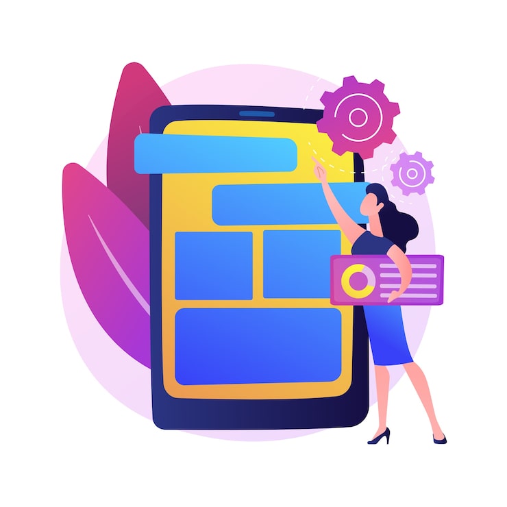 Free Vector mobile software optimization, ui, ux development. smartphone app interface designing. devops, woman creating application for modern gadget.  