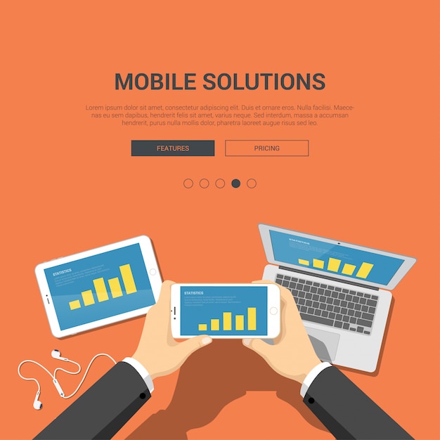 Mobile solutions finance app concept. hands hold phone with bar graph vector illustration.