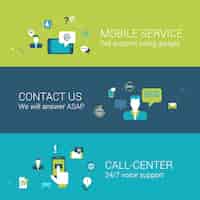 Free vector mobile support service contact call center concept flat icons set   illustrations