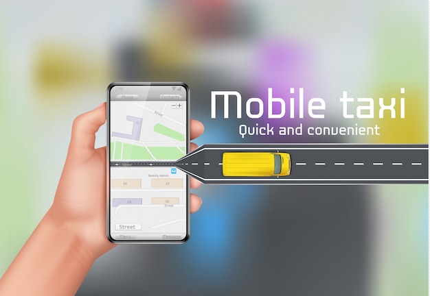 Mobile taxi concept background. Human hand holding smartphone with city map 