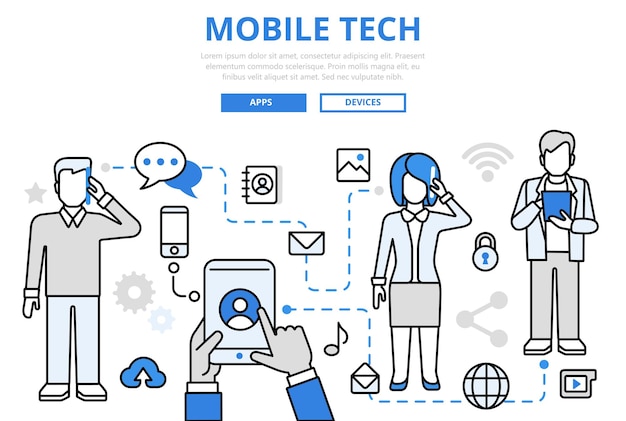 Mobile tech communication epoch technology social media sharing concept flat line art  icons.