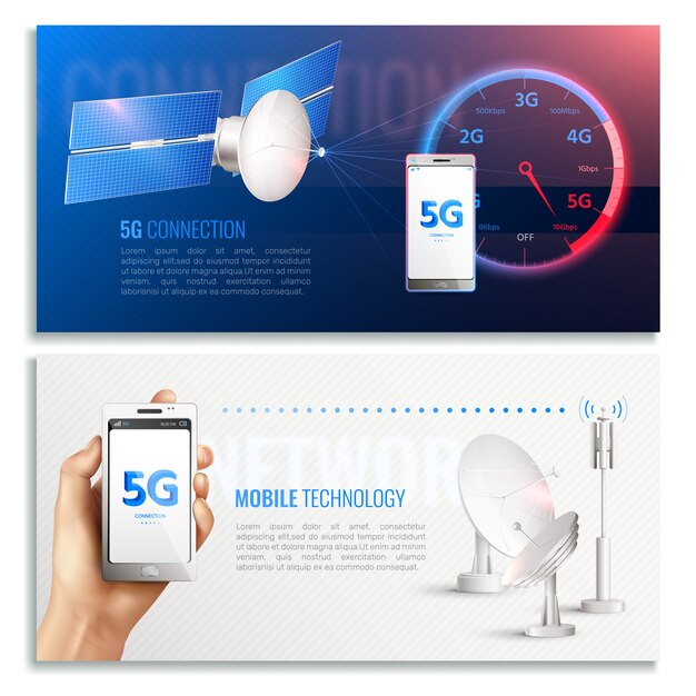 Mobile technology horizontal banners with realistic icons illustrated broadband internet connection of 5g standard