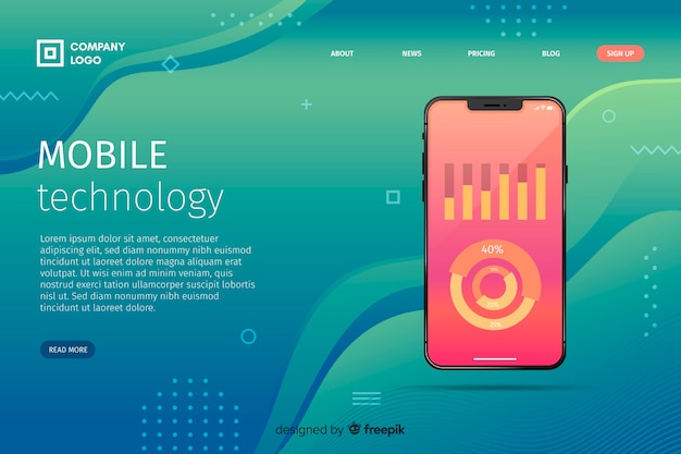 Vettore gratuito tecnologia mobile con landing page di memphis