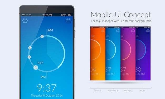 Concetto di kit ui mobile per task manager con quattro diversi coloratissimi illustrazione piatta