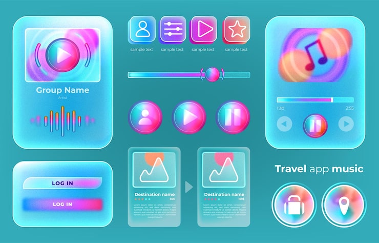 Free Vector mobile ui kit for music application glassmorphism mobile app template with ux gradient screens user interface design with loading bar buttons and audio media player signs vector illustration