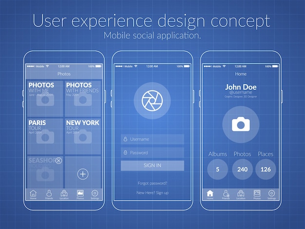 Бесплатное векторное изображение Концепция дизайна мобильного ux с иконками экранов и веб-элементами для иллюстрации социальных приложений