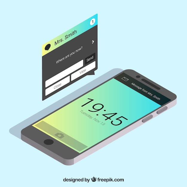 Mobile with notification in isometric style