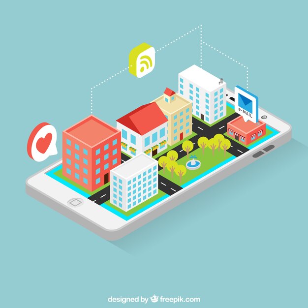 mobile with smart city in isometric perspective