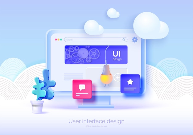 Mockup 3d monitor with user interface elements for web design software creator