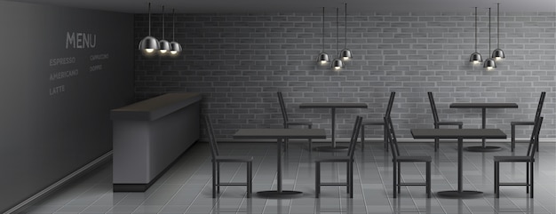 mockup of cafe interior with empty bar counter, dinner tables and chairs, ceiling lamps