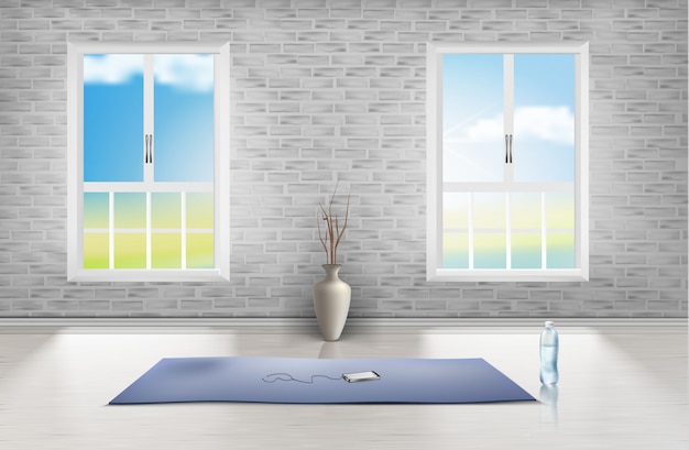 Modello di stanza vuota con muro di mattoni, due finestre, moquette blu, vaso e bottiglia d'acqua