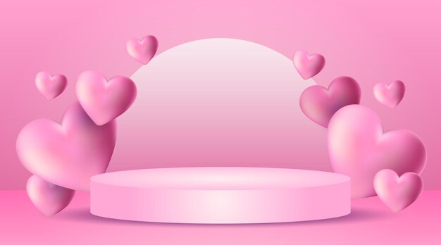 Mockup Valentines Podium with realistic 3D hearts