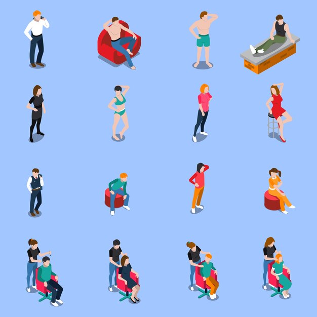 model agency set of isometric people posing for camera on blue