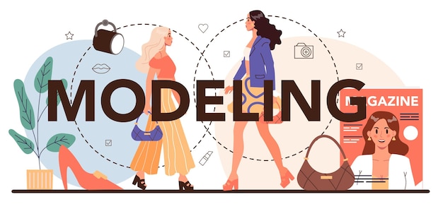 Modeling typographic header man and woman represent new clothes at a fashion show and photoshoot fashion industry worker on a runway isolated vector illustration