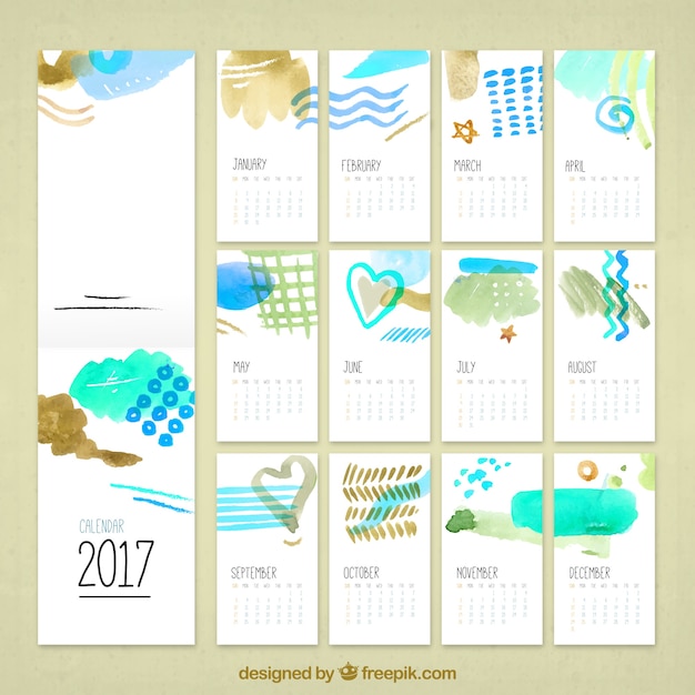 Modern 2017 calendar with abstract watercolor shapes