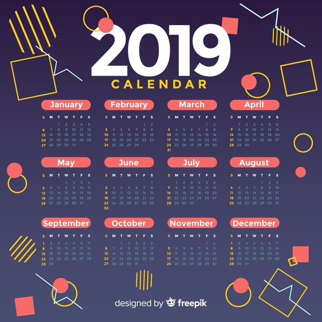 Modern 2019 calendar template with abstract shapes